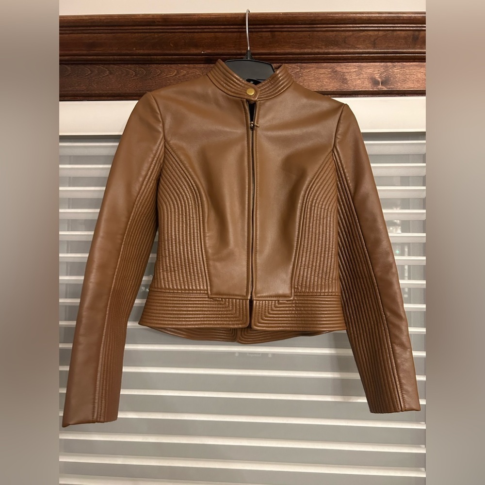 Tory Burch Calista leather riding jacket in Saddle - Picture 3 of 9